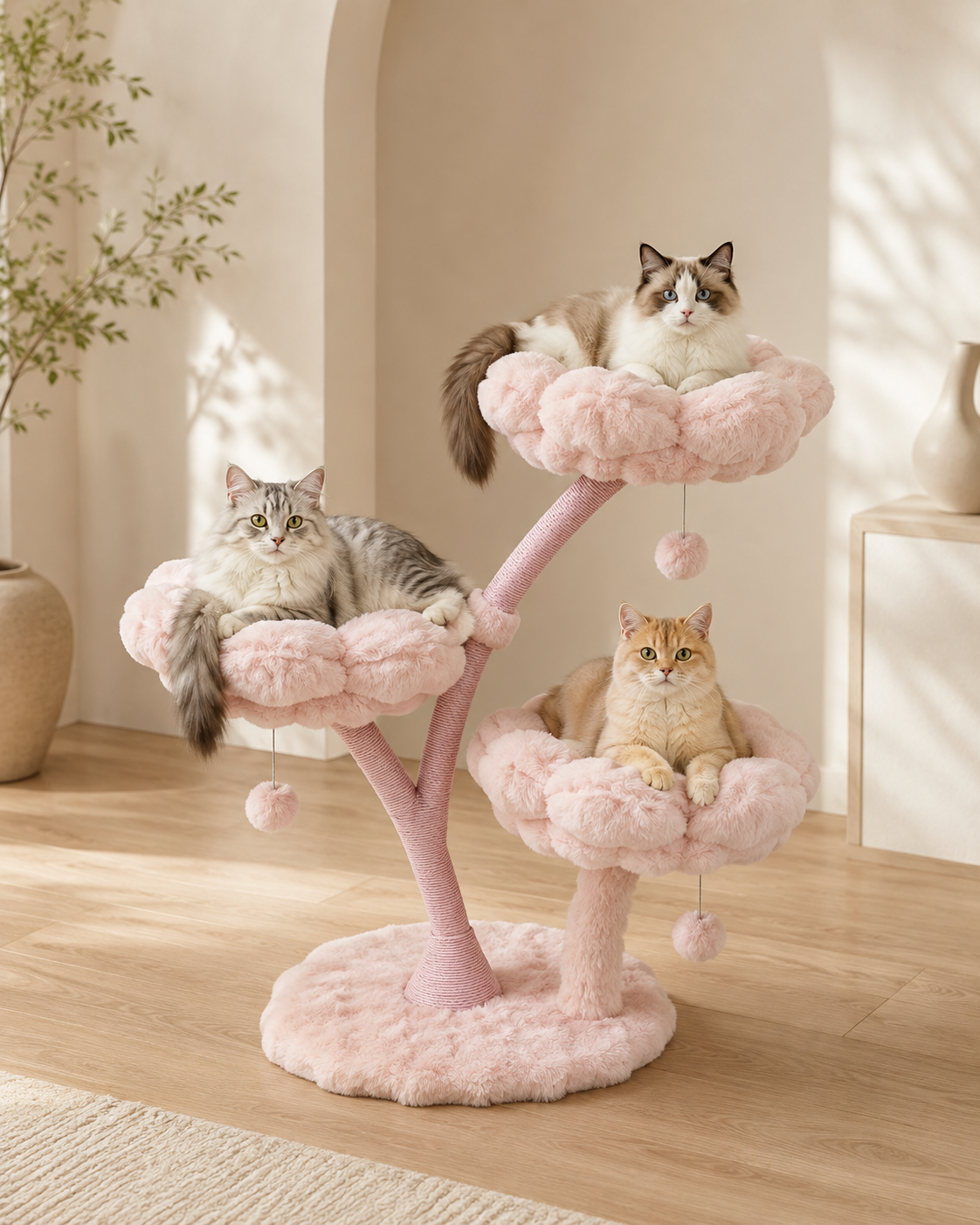Pink Blossom Cat Tree with Plush Flower Platforms Loxevi