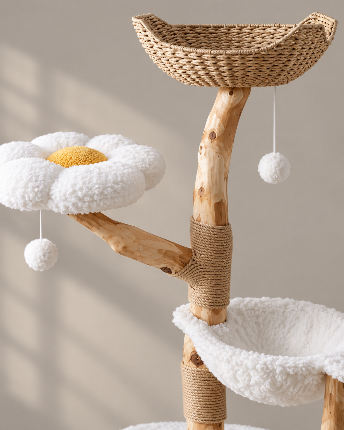 Luxury Natural Wood Cat Tree with Woven Basket Beds Loxevi