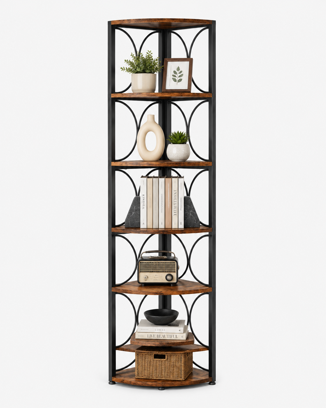Rustic Six Tier Corner Bookshelf Loxevi