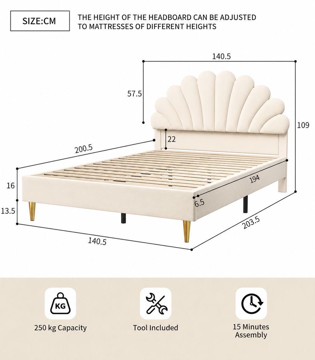 Upholstered Double Bed with Floral Headboard Loxevi