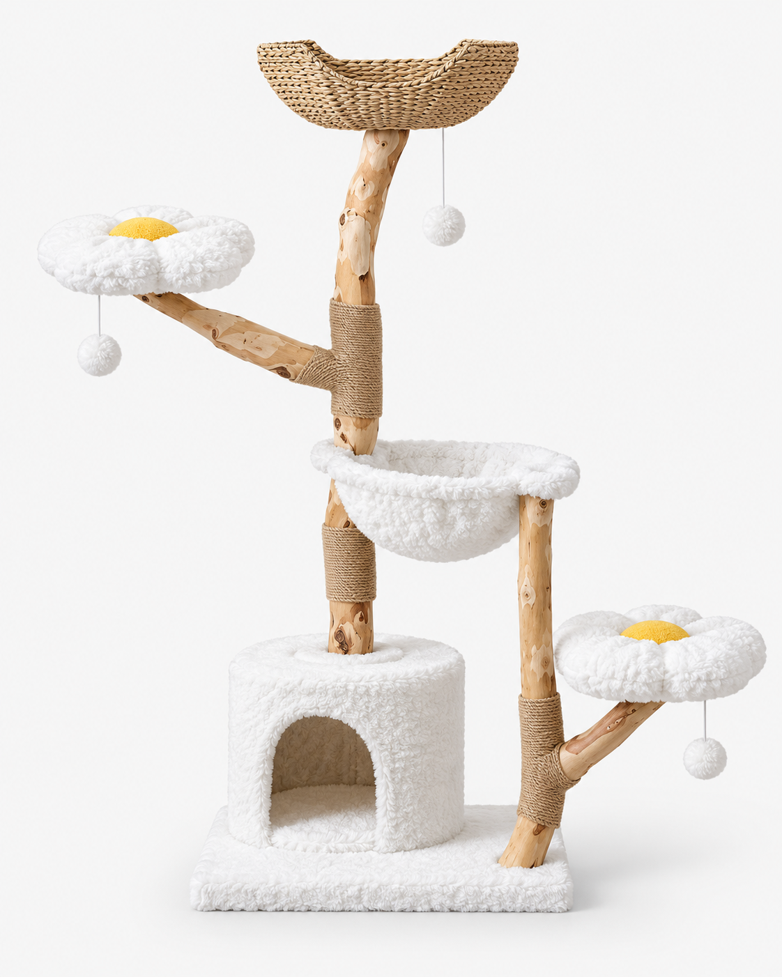 Luxury Natural Wood Cat Tree with Woven Basket Beds Loxevi