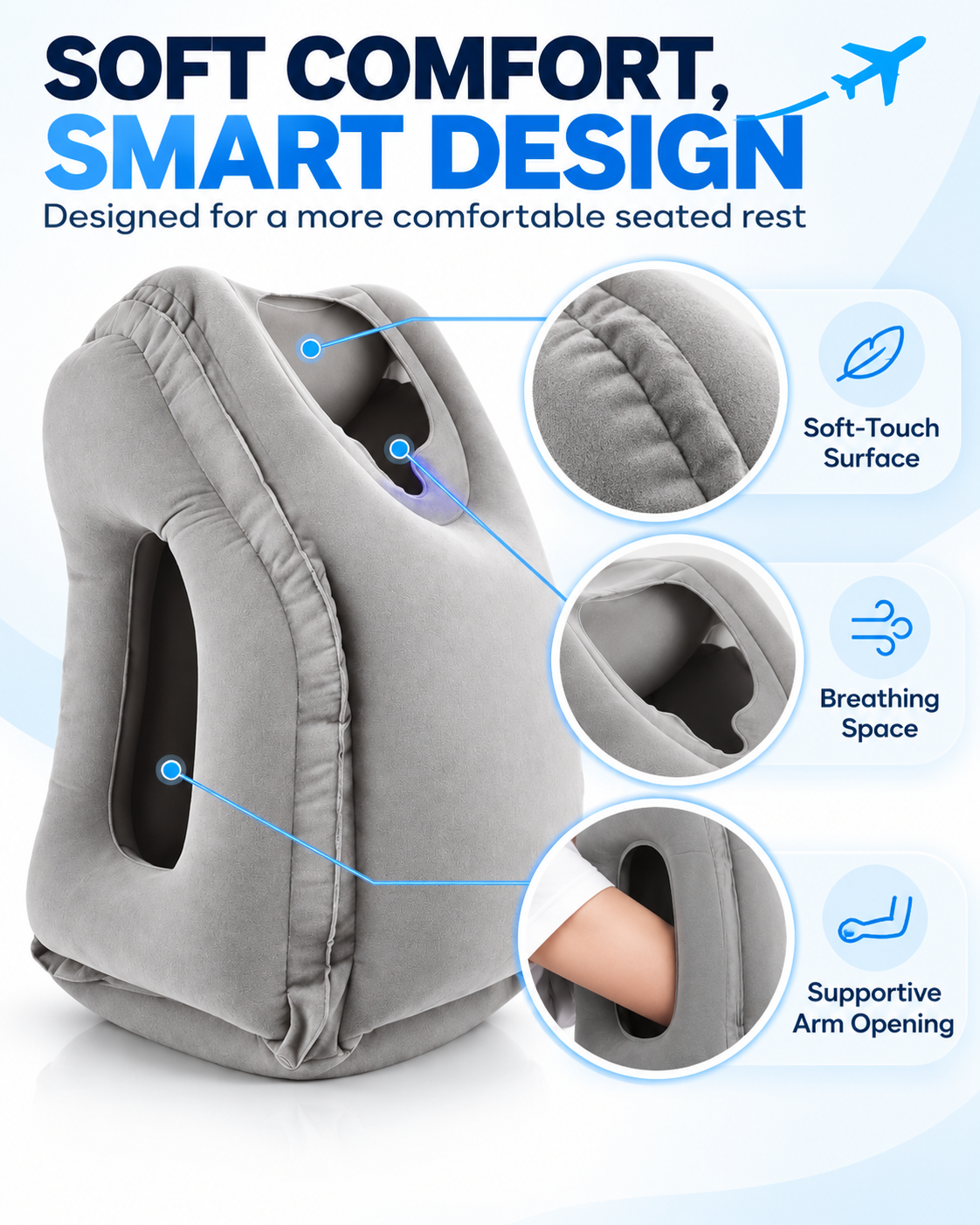 Inflatable Ergonomic Travel Pillow with Face and Arm Support Loxevi