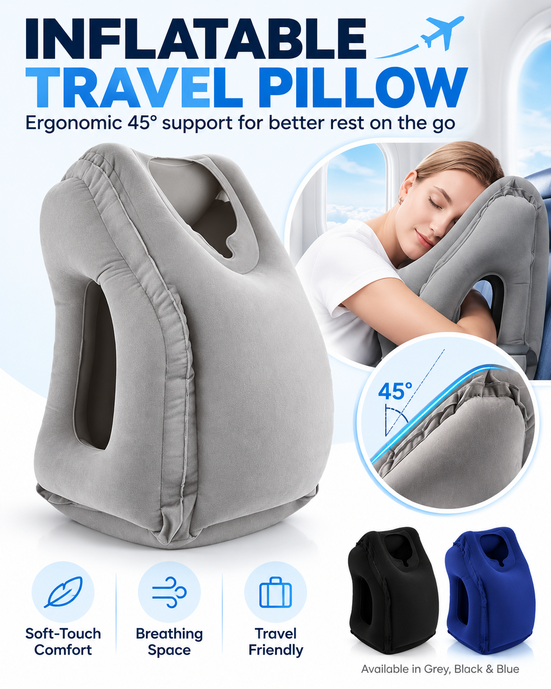Inflatable Ergonomic Travel Pillow with Face and Arm Support Loxevi