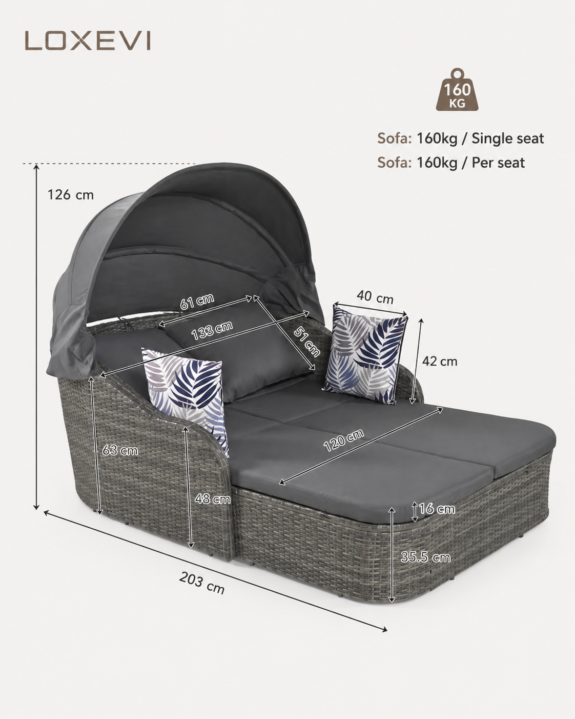 Outdoor Double Daybed with Retractable Canopy Wicker Patio Lounge Set with 4 Cushions and Removable Cushion Covers for Garden Poolside Balcony and Terrace Loxevi