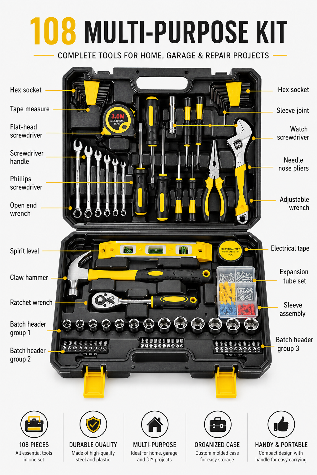 108 Piece Household Repair Tool Set Loxevi