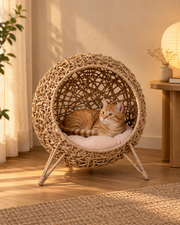 Luxury Woven Rattan Cat Bed with Soft Cushion Loxevi