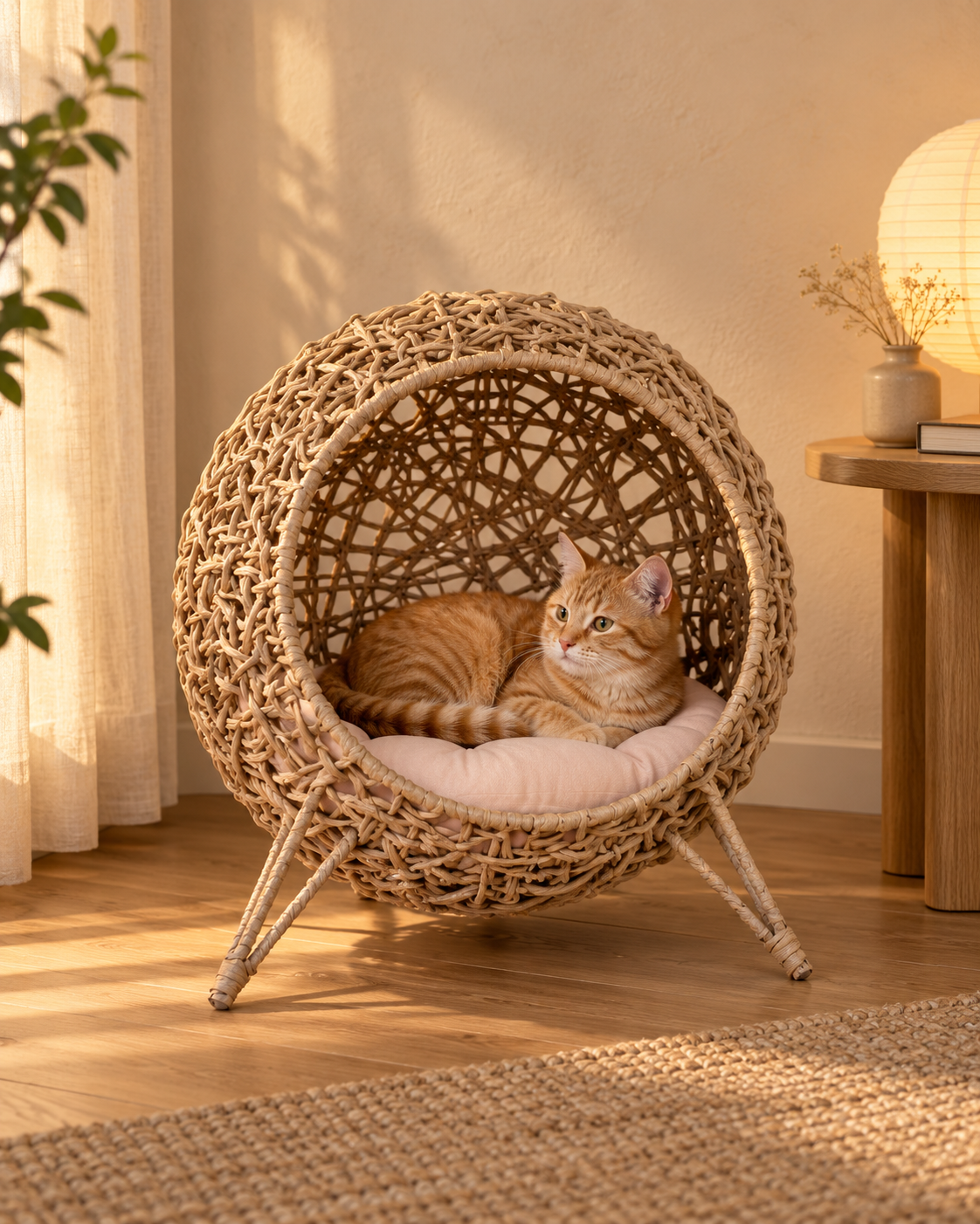 Luxury Woven Rattan Cat Bed with Soft Cushion Loxevi