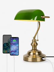 Green Glass Banker Desk Lamp with USB Loxevi