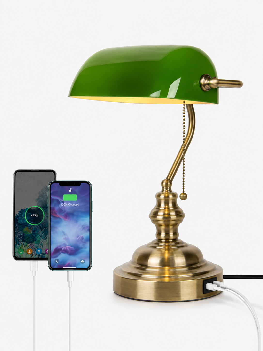Green Glass Banker Desk Lamp with USB Loxevi