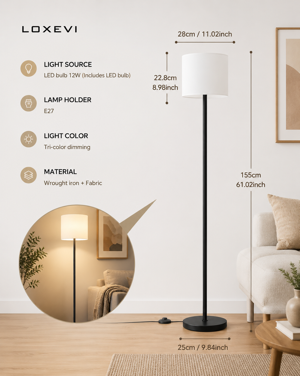 Modern Fabric Floor Lamp with E27 LED Bulb Loxevi