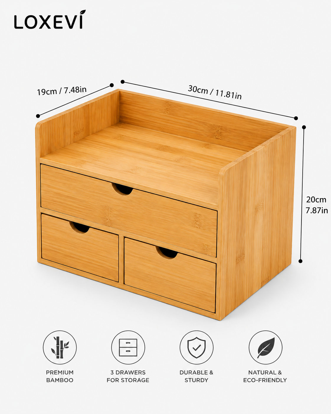 Bamboo Desk Organizer with Three Drawers Loxevi