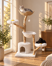 Luxury Natural Wood Cat Tree with Woven Basket Beds Loxevi
