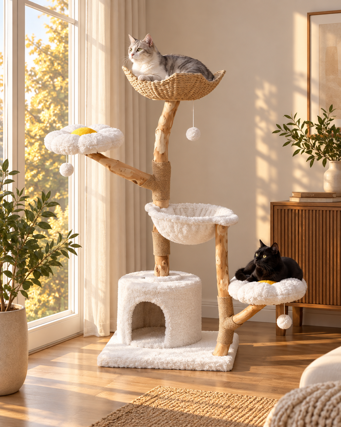 Luxury Natural Wood Cat Tree with Woven Basket Beds Loxevi