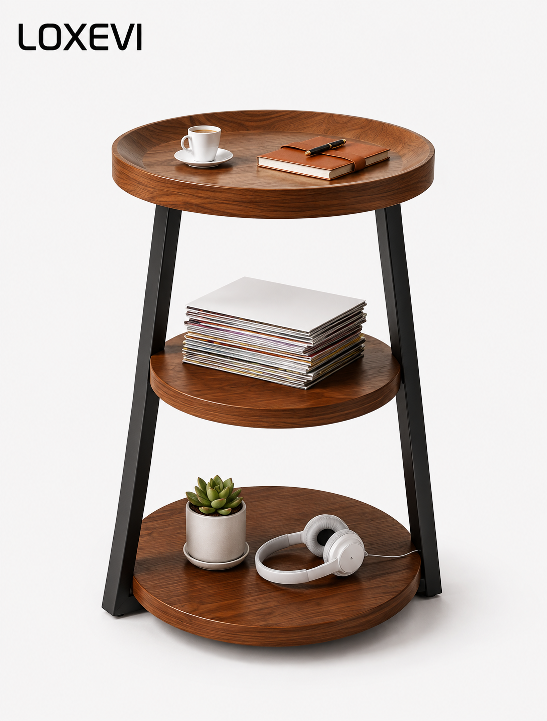 Round Three Tier Wood Side Table Loxevi