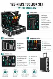 128 Piece Home and Auto Tool Set with Rolling Case Loxevi