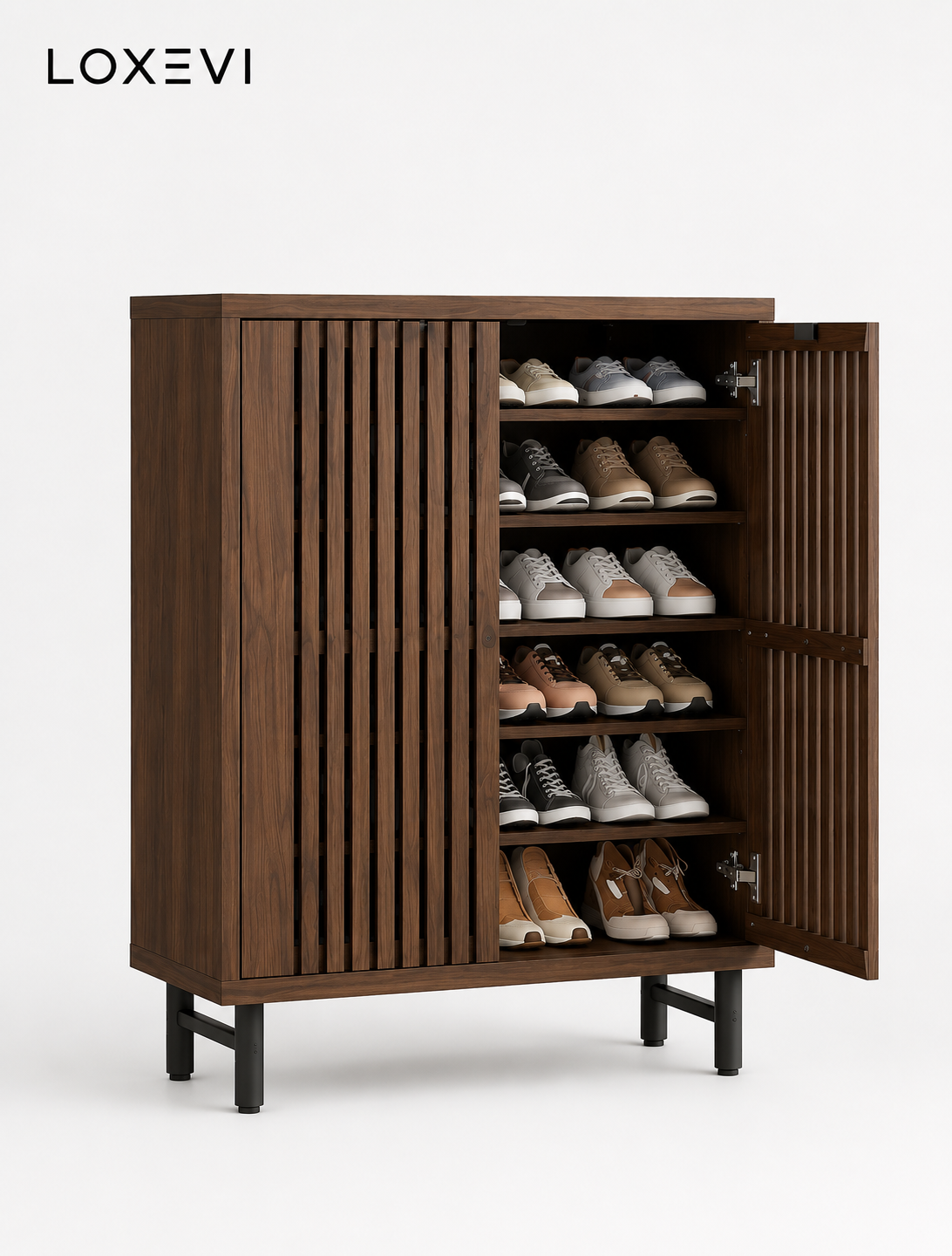 Large Six Tier Shoe Cabinet with Slatted Doors Loxevi