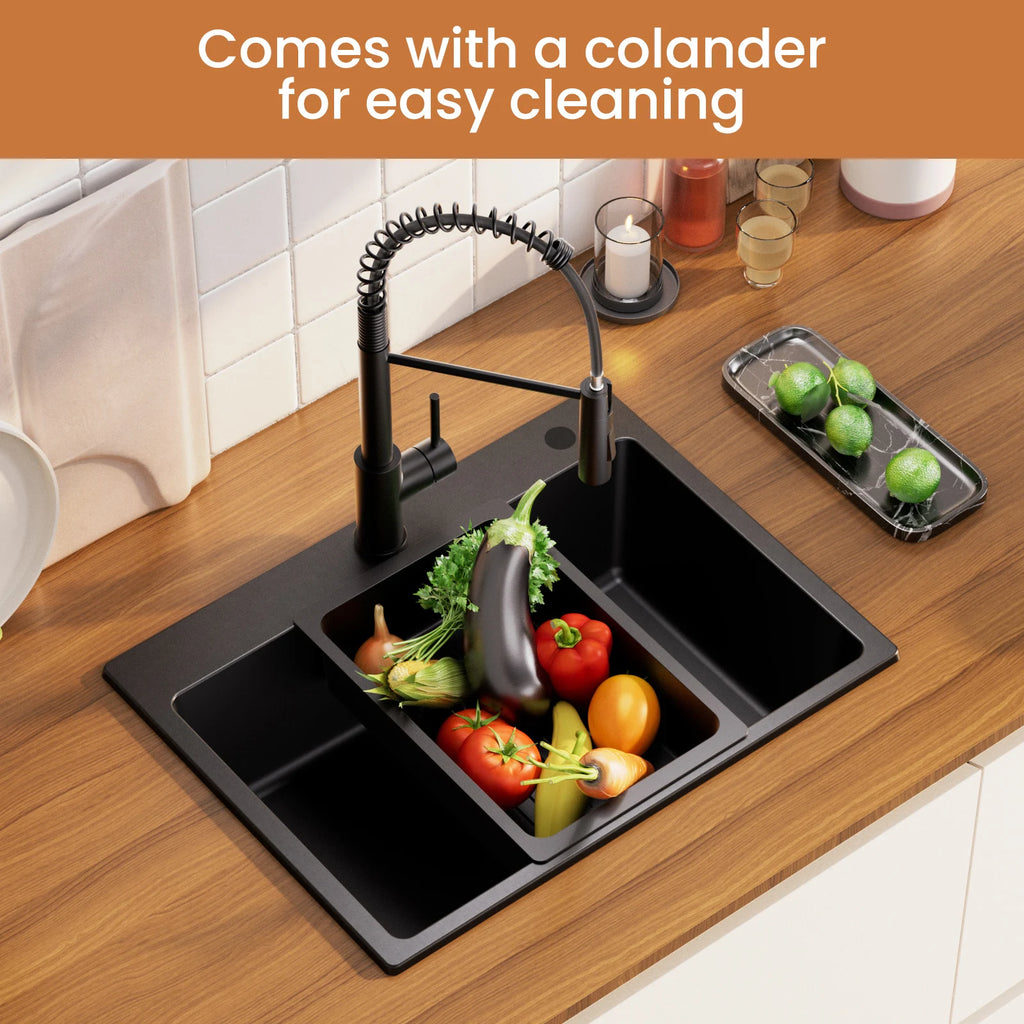 60 x 45 cm Kitchen Sink Black Composite Granite BMC Artificial Stone Single Bowl for Modern Kitchen and Apartment Heat Resistant Quartz Sink Topmount Installation with Draining Basket and Siphon