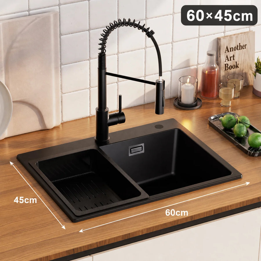 60 x 45 cm Kitchen Sink Black Composite Granite BMC Artificial Stone Single Bowl for Modern Kitchen and Apartment Heat Resistant Quartz Sink Topmount Installation with Draining Basket and Siphon