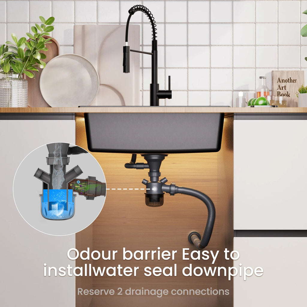 60 x 45 cm Kitchen Sink Black Composite Granite BMC Artificial Stone Single Bowl for Modern Kitchen and Apartment Heat Resistant Quartz Sink Topmount Installation with Draining Basket and Siphon