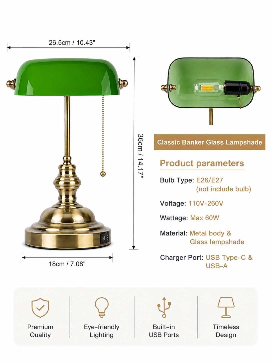Green Glass Banker Desk Lamp with USB Loxevi