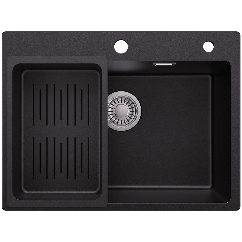 60 x 45 cm Kitchen Sink Black Composite Granite BMC Artificial Stone Single Bowl for Modern Kitchen and Apartment Heat Resistant Quartz Sink Topmount Installation with Draining Basket and Siphon