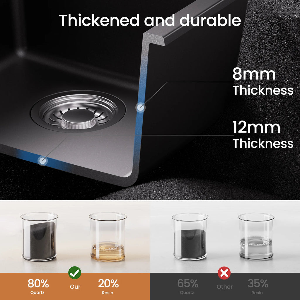 60 x 45 cm Kitchen Sink Black Composite Granite BMC Artificial Stone Single Bowl for Modern Kitchen and Apartment Heat Resistant Quartz Sink Topmount Installation with Draining Basket and Siphon