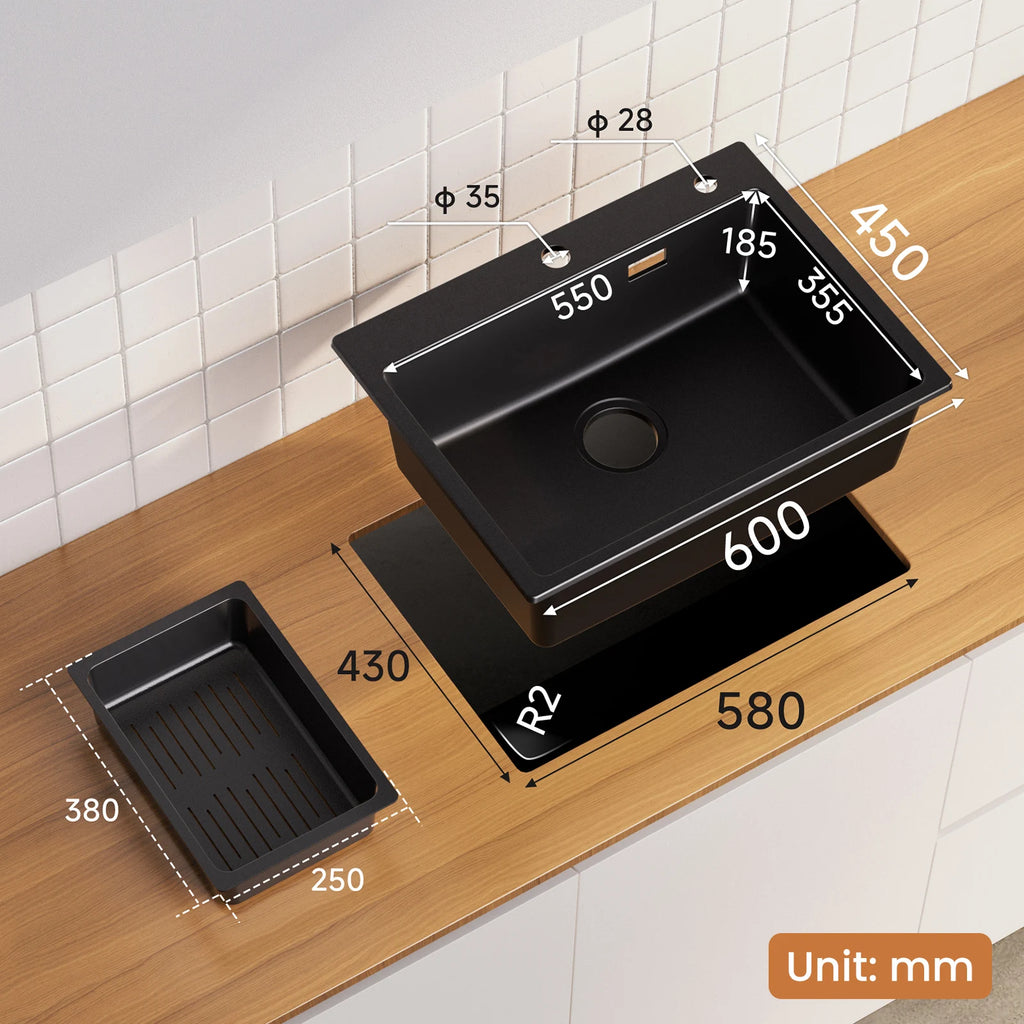 60 x 45 cm Kitchen Sink Black Composite Granite BMC Artificial Stone Single Bowl for Modern Kitchen and Apartment Heat Resistant Quartz Sink Topmount Installation with Draining Basket and Siphon