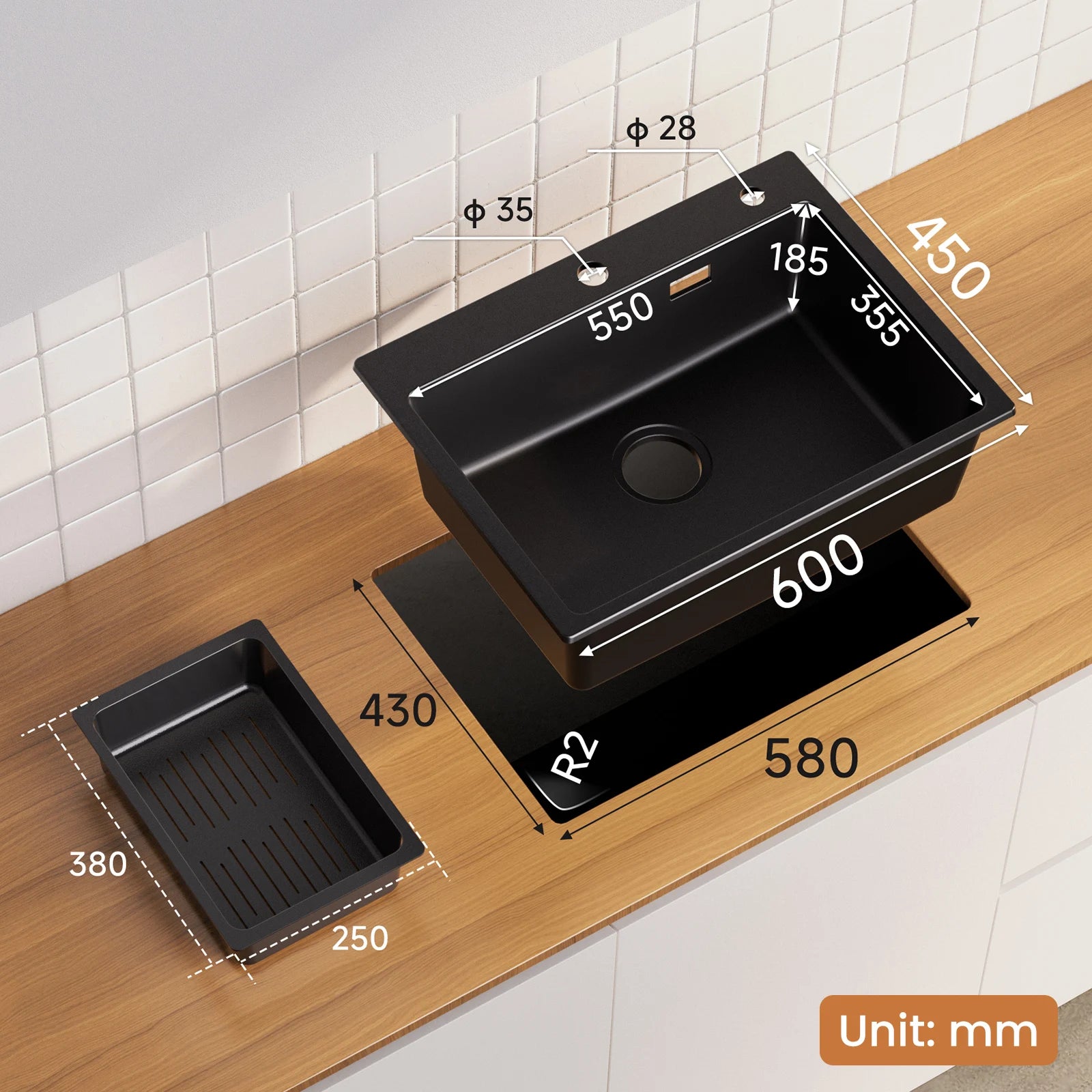 60 x 45 cm Kitchen Sink Black Composite Granite BMC Artificial Stone Single Bowl for Modern Kitchen and Apartment Heat Resistant Quartz Sink Topmount Installation with Draining Basket and Siphon