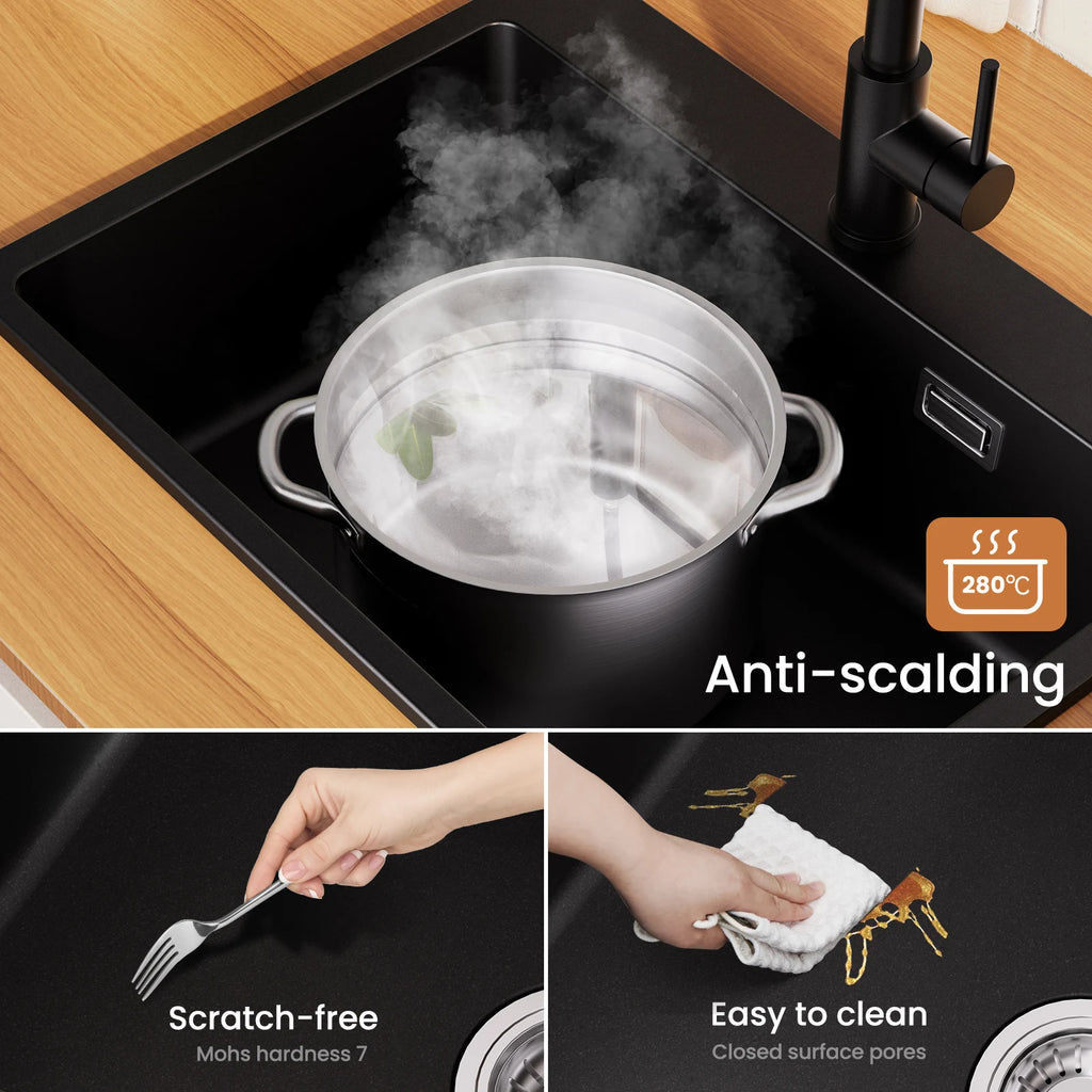 60 x 45 cm Kitchen Sink Black Composite Granite BMC Artificial Stone Single Bowl for Modern Kitchen and Apartment Heat Resistant Quartz Sink Topmount Installation with Draining Basket and Siphon