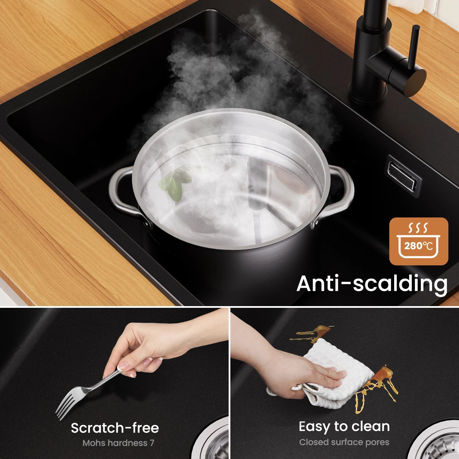 60 x 45 cm Kitchen Sink Black Composite Granite BMC Artificial Stone Single Bowl for Modern Kitchen and Apartment Heat Resistant Quartz Sink Topmount Installation with Draining Basket and Siphon