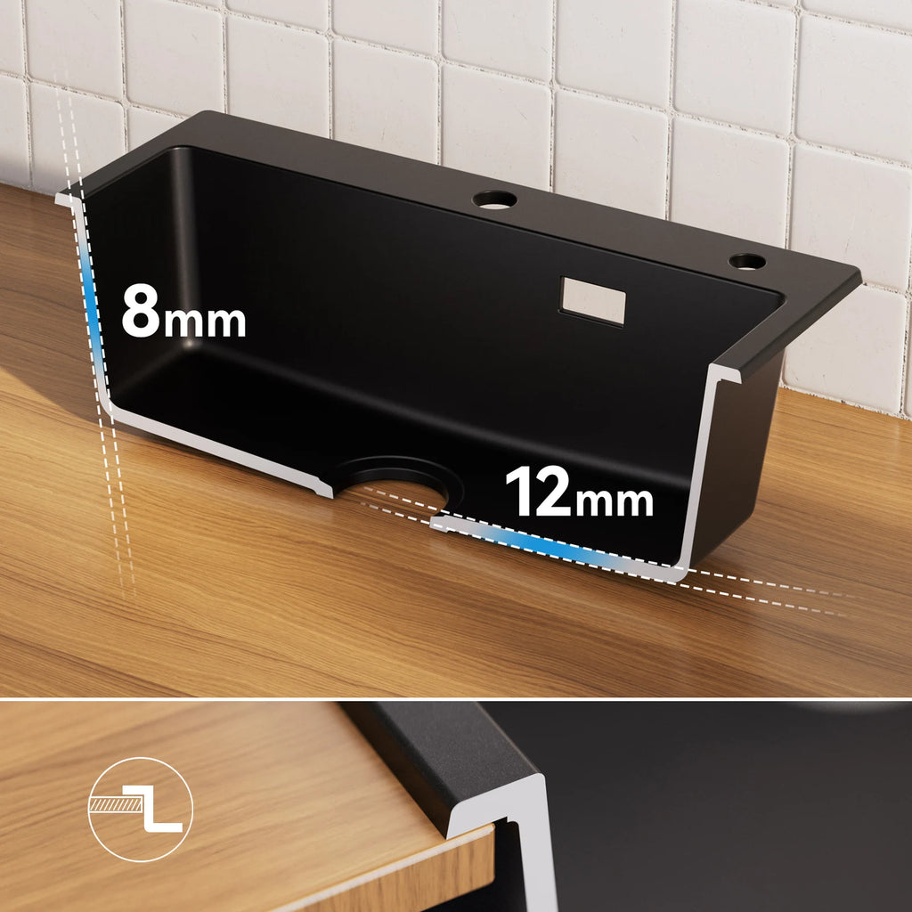60 x 45 cm Kitchen Sink Black Composite Granite BMC Artificial Stone Single Bowl for Modern Kitchen and Apartment Heat Resistant Quartz Sink Topmount Installation with Draining Basket and Siphon