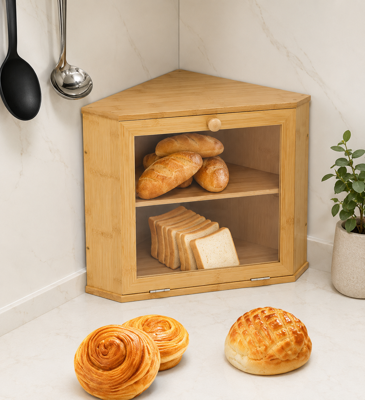 Two Tier Bamboo Bread Box with Window Loxevi