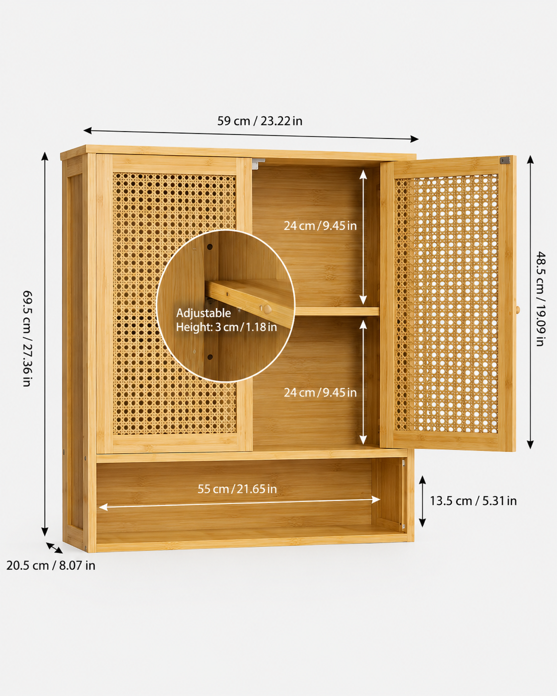 Bamboo Wall Cabinet with Three Shelves Loxevi