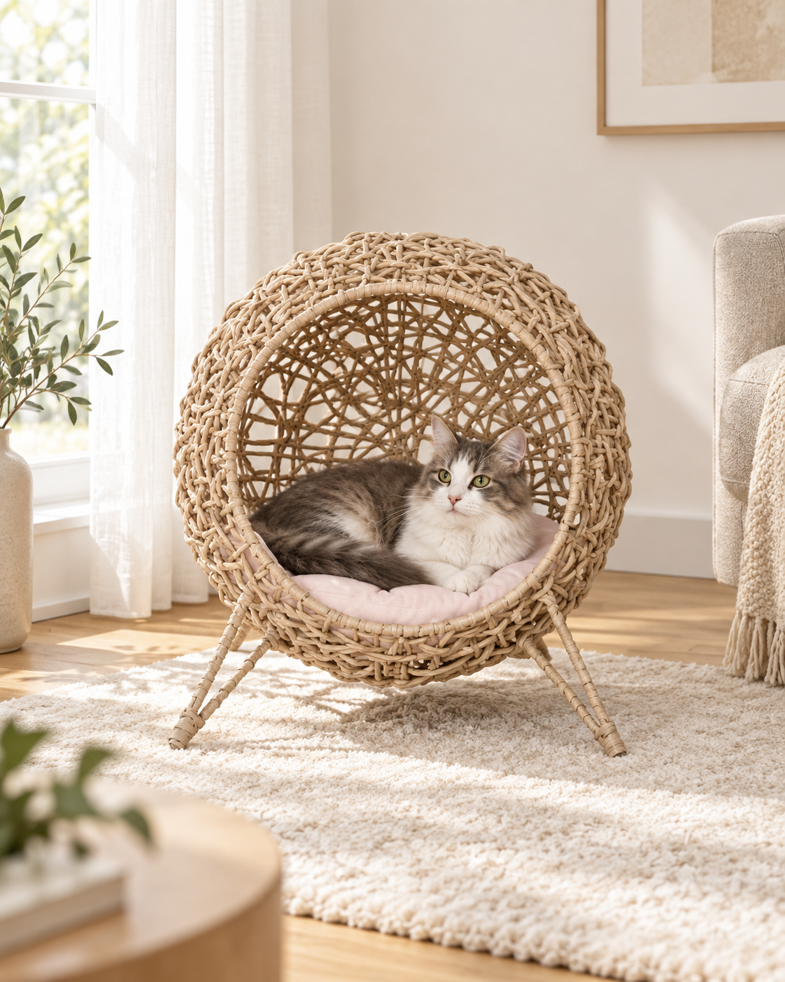 Luxury Woven Rattan Cat Bed with Soft Cushion Loxevi