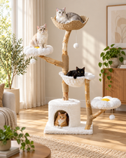 Luxury Natural Wood Cat Tree with Woven Basket Beds Loxevi