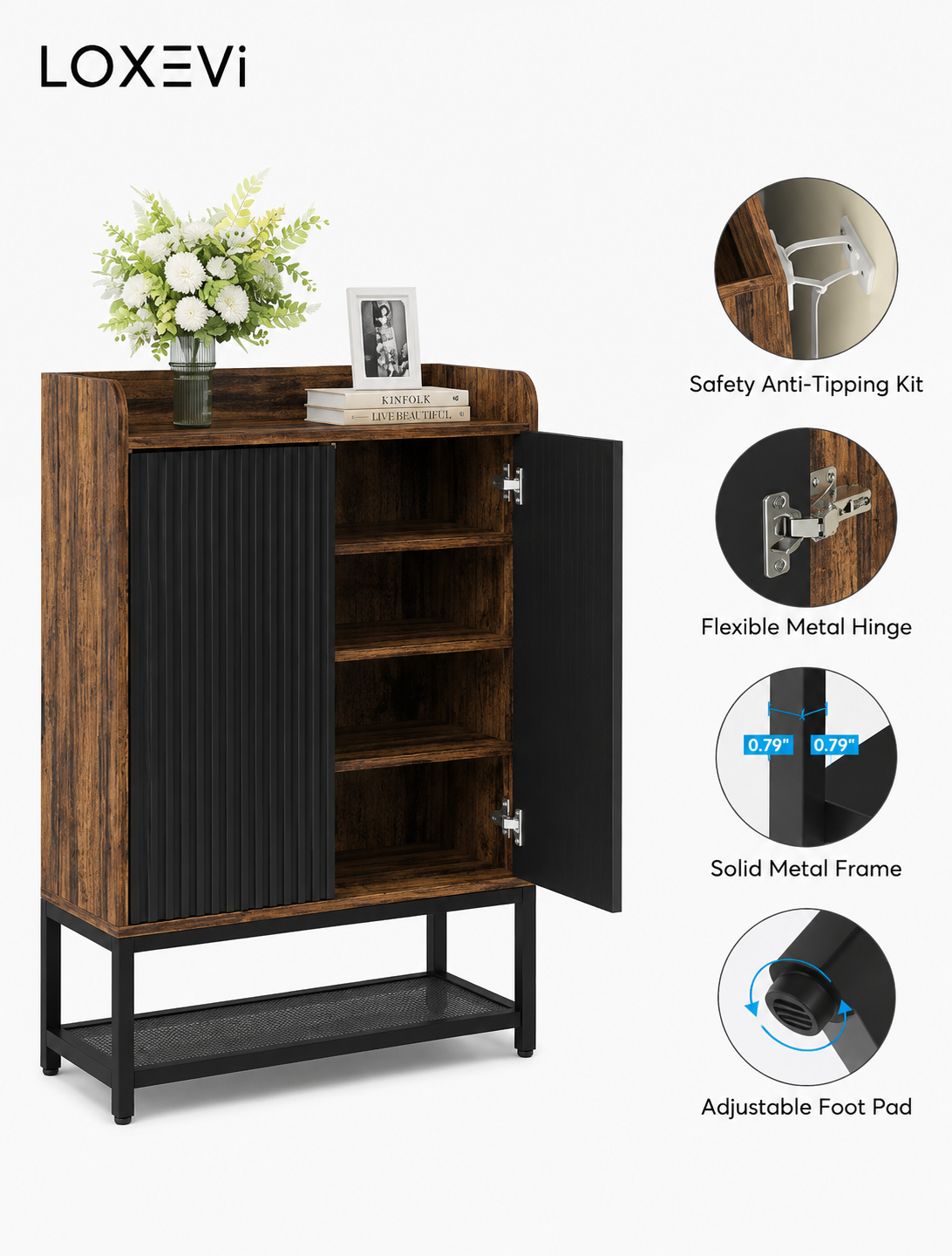 Five Tier Wooden Shoe Cabinet with Doors Loxevi