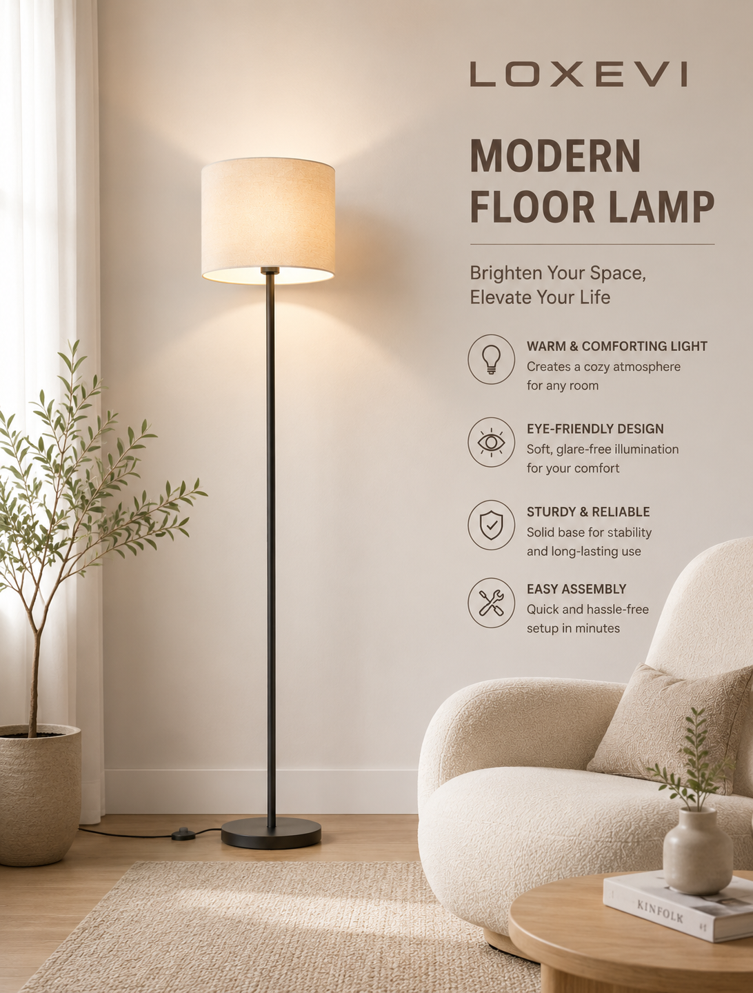 Modern Fabric Floor Lamp with E27 LED Bulb Loxevi