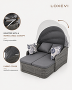 Outdoor Double Daybed with Retractable Canopy Wicker Patio Lounge Set with 4 Cushions and Removable Cushion Covers for Garden Poolside Balcony and Terrace Loxevi