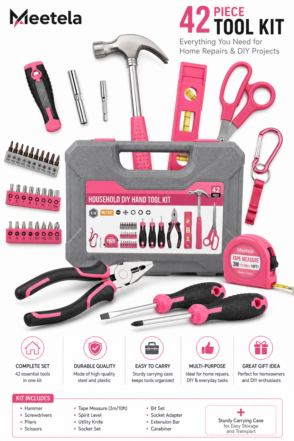 Pink 38 Piece Household Tool Kit Loxevi