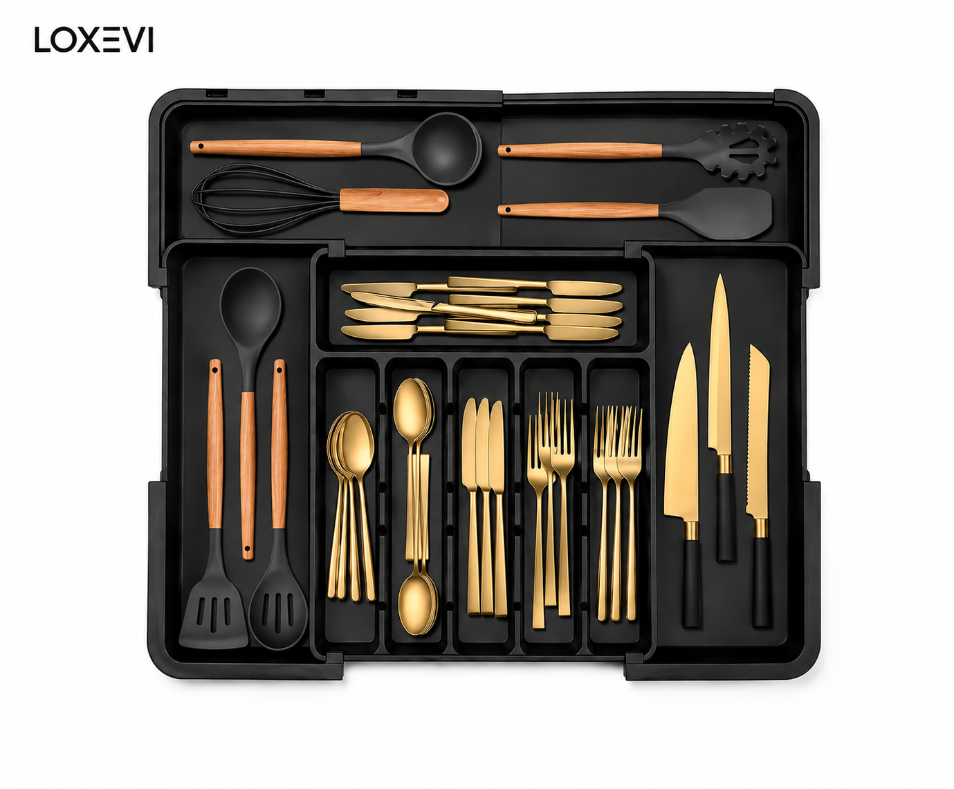 Expandable Black Cutlery Drawer Organizer Loxevi