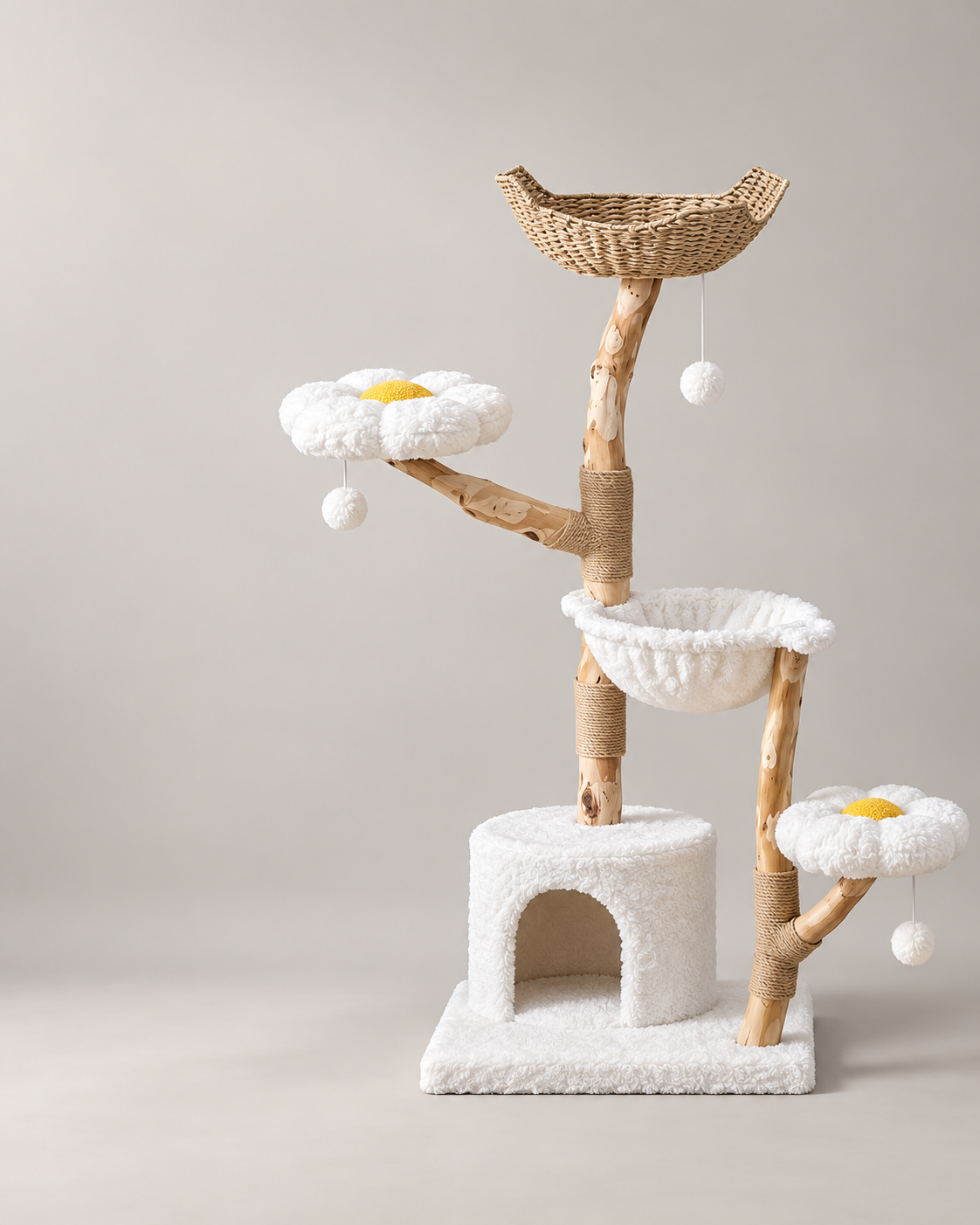 Luxury Natural Wood Cat Tree with Woven Basket Beds Loxevi