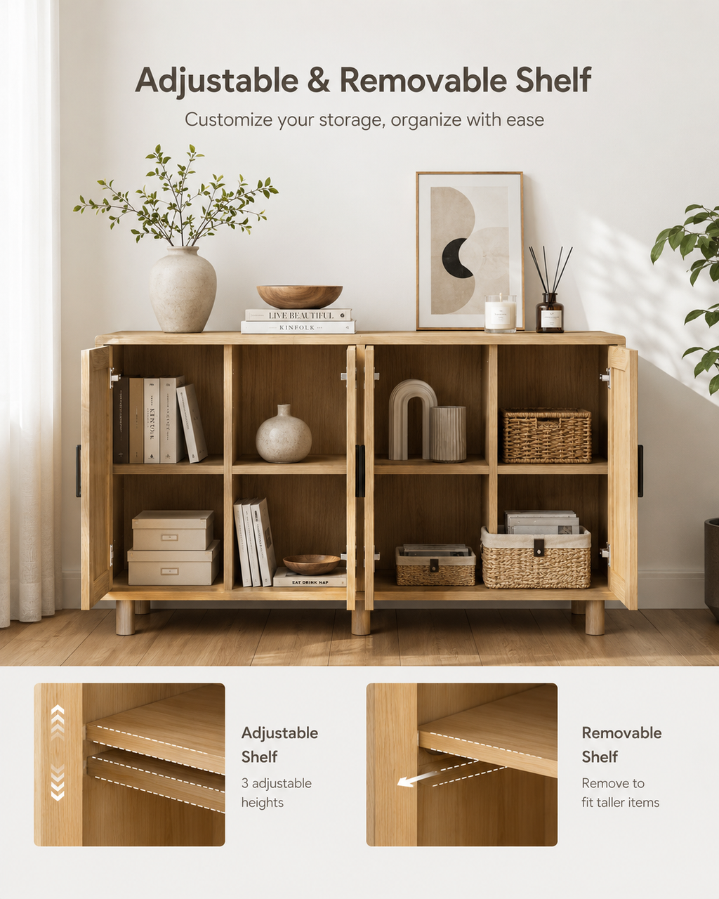 Natural Rattan Sideboard Cabinet with Adjustable Shelves Loxevi