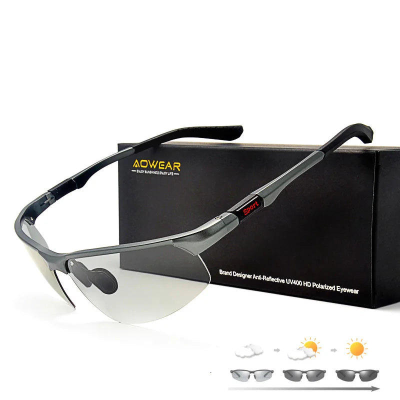 AOWEAR Photochromic Sunglasses Men Polarized Day Night Driving Glasses High Quality Aluminium Rimless Chameleon Eyewear Gafas