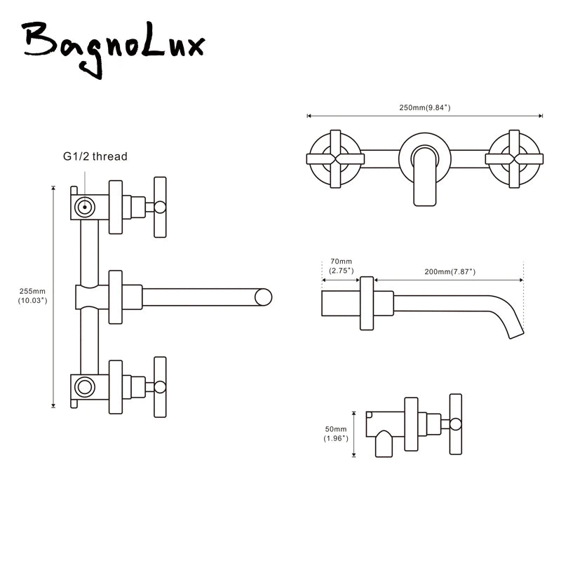 Taps Top Fashion New Arrival Wall Sink Basin Mixer Tap Set Bathroom Spout Faucet With Double Lever In Matt Black/Polished Gold