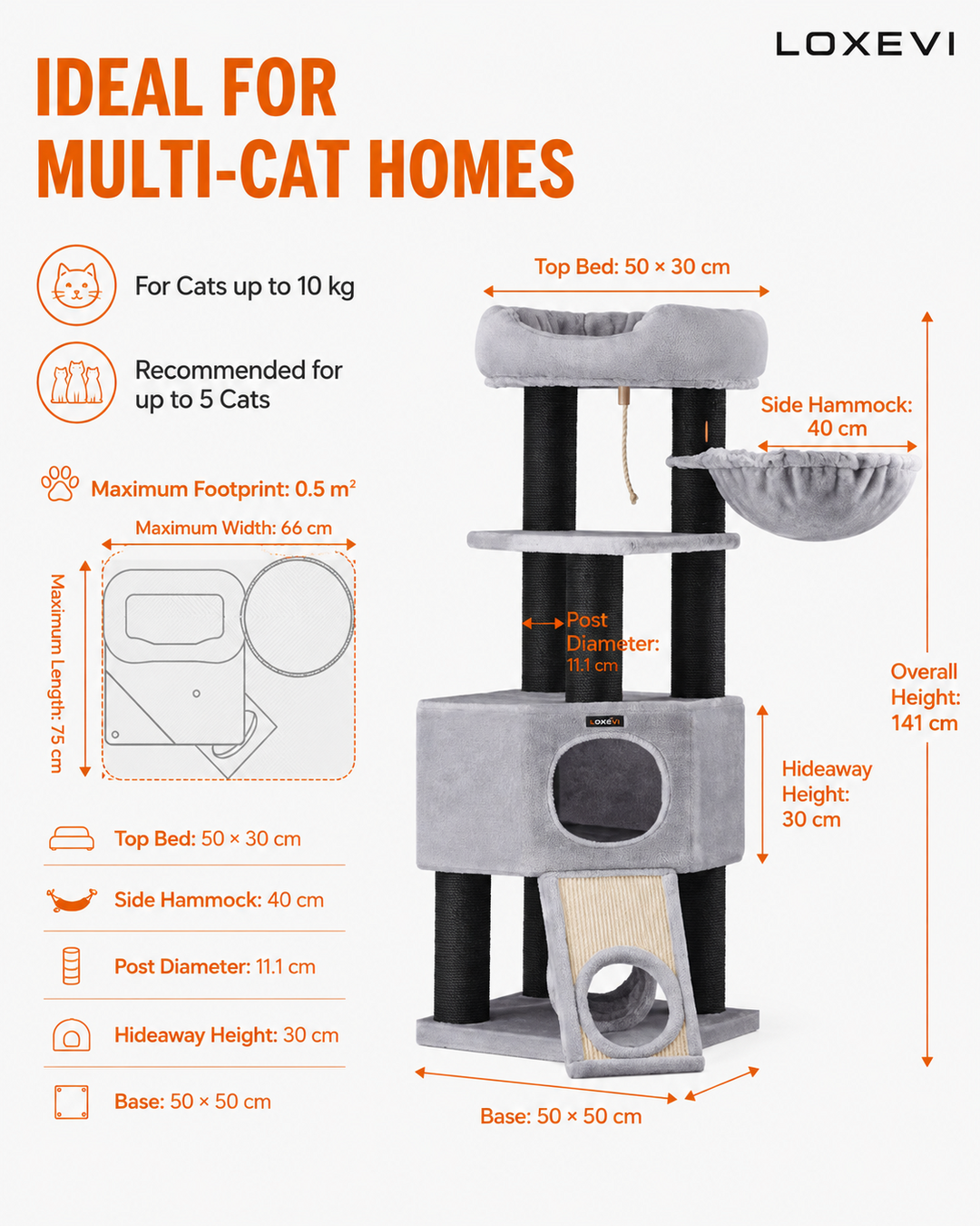 Stable Cat Tree with Thick Posts Loxevi 141 cm