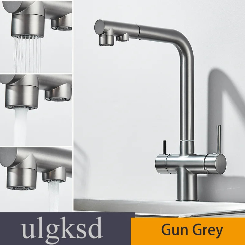 Brushed Gold Pulling Filter Kitchen Pure Faucet Pull Out Two In One Out Water  Mixer Tap 360 Rotation Sink Drink Directly Crane