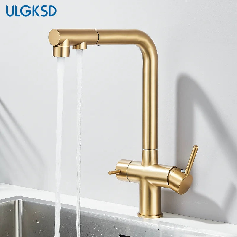 Brushed Gold Pulling Filter Kitchen Pure Faucet Pull Out Two In One Out Water  Mixer Tap 360 Rotation Sink Drink Directly Crane