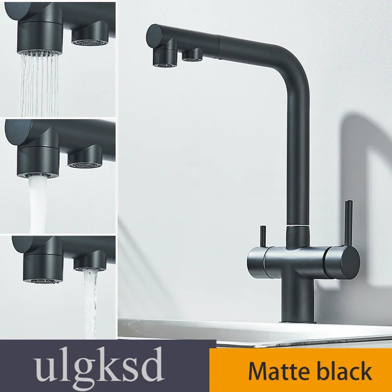 Brushed Gold Pulling Filter Kitchen Pure Faucet Pull Out Two In One Out Water  Mixer Tap 360 Rotation Sink Drink Directly Crane