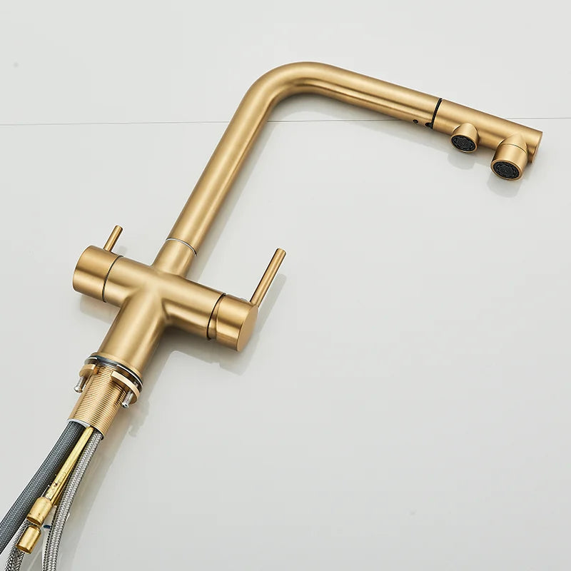 Brushed Gold Pulling Filter Kitchen Pure Faucet Pull Out Two In One Out Water  Mixer Tap 360 Rotation Sink Drink Directly Crane
