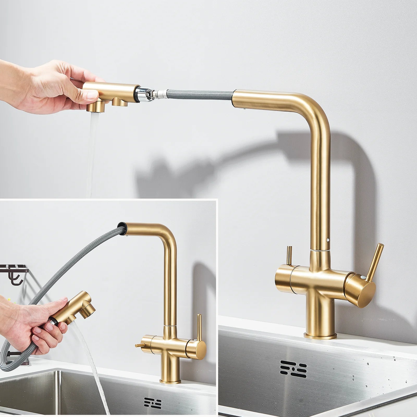 Brushed Gold Pulling Filter Kitchen Pure Faucet Pull Out Two In One Out Water  Mixer Tap 360 Rotation Sink Drink Directly Crane